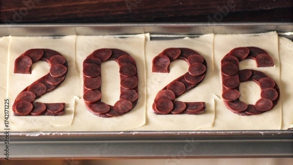 Fototapeta The number 2026 is laid out with salami and cheese on a wooden table