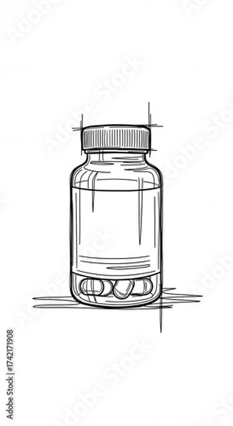 Fototapeta A sketch illustration of a medicine bottle with pills. Hand-drawn line art of a vitamin container. Healthcare and pharmacy concept on a white background.