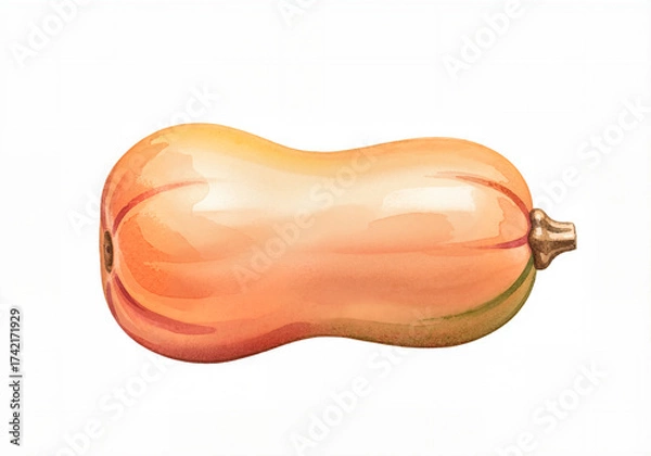 Fototapeta Watercolor illustration of a single butternut squash. Healthy autumn vegetable isolated on a white background. Fresh food and harvest concept.