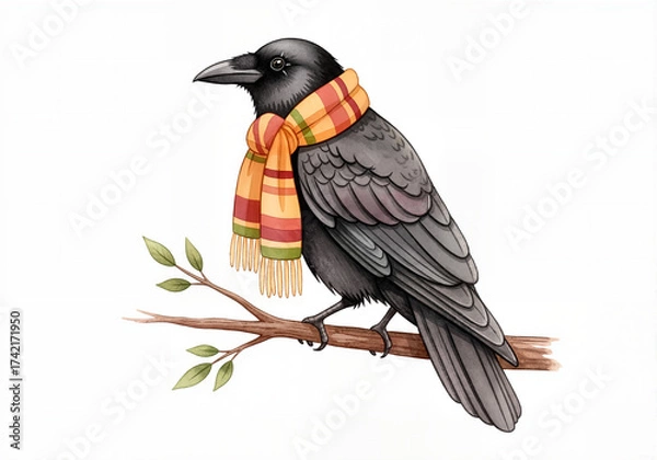 Fototapeta A whimsical illustration of a crow wearing a colorful autumn scarf. Cute bird character perched on a branch. Isolated watercolor artwork with copy space.