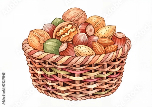Fototapeta A watercolor illustration of a woven basket filled with an assortment of mixed nuts. Healthy food concept with walnuts, hazelnuts, and almonds isolated on a white background.