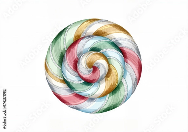 Fototapeta Round lollipop swirly pattern isolated on white, featuring multicolored pastel hues of green, red, white and yellow. Round lollipop offers sweetness, visual appeal, and childhood nostalgia.