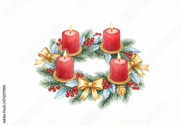 Fototapeta Festive Advent wreath with four burning candles for Christmas celebrations. Bright Advent wreath on white background features traditional red candles, green pine branches, and golden bows.