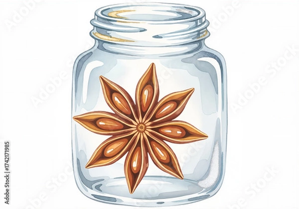 Fototapeta Anise star in jar is perfect element for holiday season decoration. Anise star is placed in jar; aromatic spice often used in festive beverages and pastries. Anise star adds spice to holiday projects.