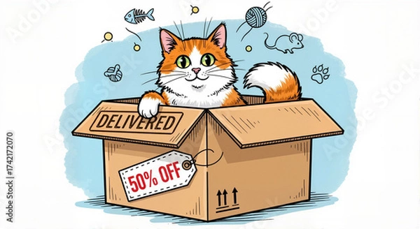 Fototapeta Cat in delivery box offering discounts, perfect gift, or special promotion. Happy cat in delivery box is drawn with discount tag, suggesting a special offer.