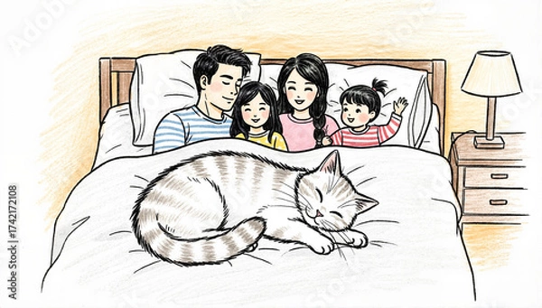 Fototapeta Cozy cat sketch portrays domestic bliss of family on bed, including feline friend. Cozy cat rests peacefully, while parents and kids enjoy relaxation on comfortable mattress, creating cozy cat scene.