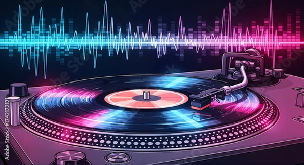 Fototapeta Neon turntable showcasing music, its vibrant colors illuminating sound waves above. Neon turntable plays tunes, emphasizing audio experience and sound quality. Use neon turntable to promote DJs,
