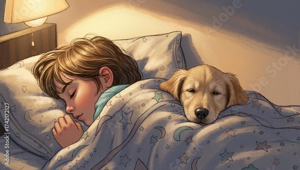 Fototapeta Dog under blanket in bedtime scene, capturing innocence and warmth. Dog under blanket, sharing quiet moment with child, evokes feelings of comfort, safety and friendship. A cozy scene,