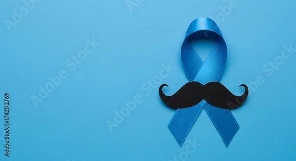 Fototapeta Movember awareness concept with black mustache and blue ribbon on light background symbolizing men’s health, prostate cancer awareness and support campaign