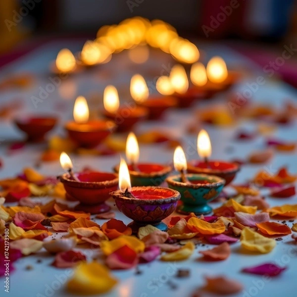 Fototapeta A traditional arrangement of illuminated oil lamps, monly used in cultural celebrations, The main focus is on several small, intricately decorated lamps made of clay