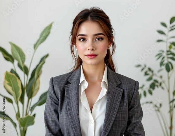 Fototapeta A woman dressed in a professional gray blazer over a white shirt, presenting a polished and confident appearance, The lighting is bright and even