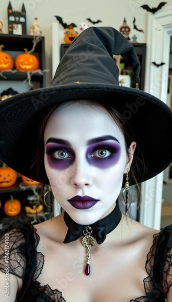 Fototapeta A person dressed in a witch costume, with the main focus on their face and expression, The face is painted to appear pale white, creating a stark contrast with dark
