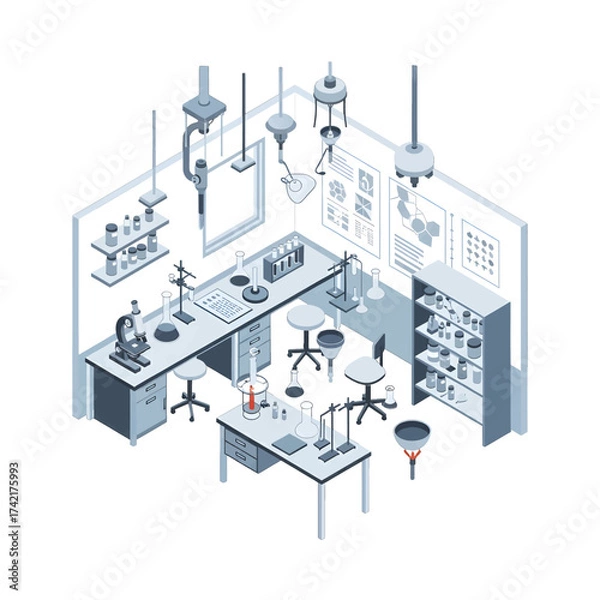 Fototapeta Isometric view of a modern laboratory with equipment and tools.