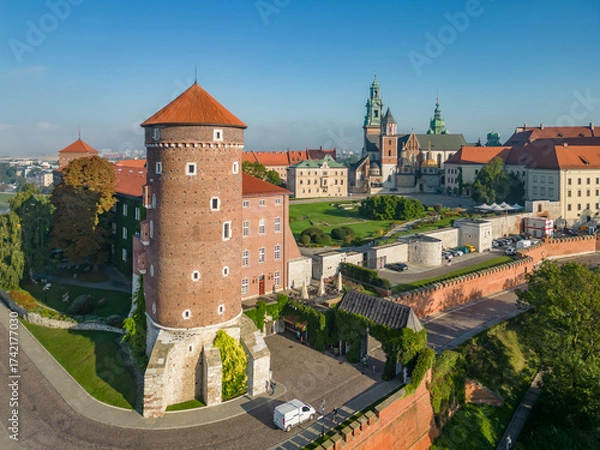 Fototapeta Aerial photo Wawel Castle and Wawel cathedral in Krakow, Poland, on sunny morning