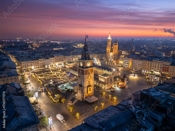 Fototapeta Main Square in Krakow, Poland with Town Hall Tower, Cloth Hall, St Marys Church and Christmas fairs