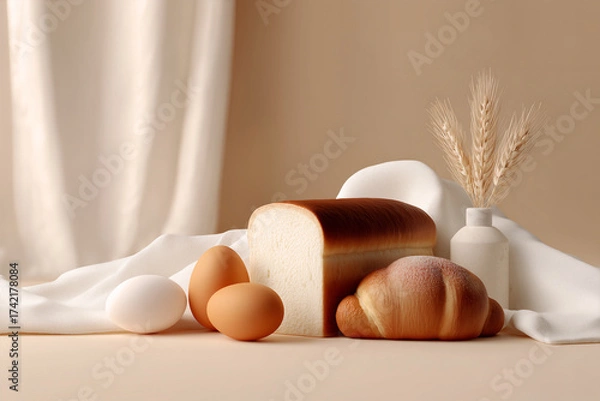 Fototapeta Fresh bread and eggs with wheat and white fabric on warm beige background