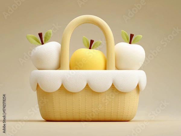 Fototapeta 3D basket with apples and pears in soft yellow minimal style