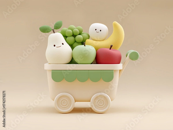 Fototapeta Cute fruit cart with smiling pear and banana in pastel 3D style
