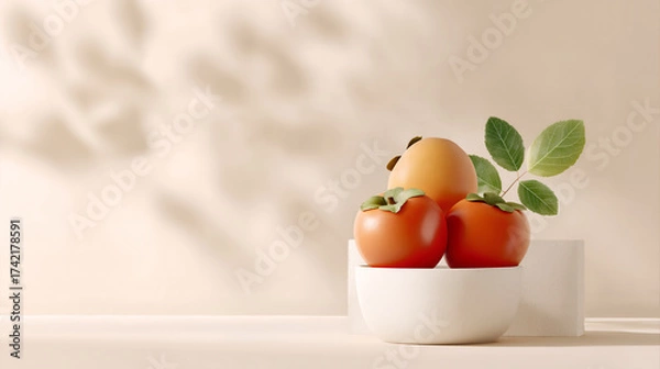 Fototapeta Autumnal background, Persimmons in ceramic bowl with green leaves on warm background