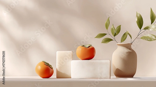 Fototapeta Autumnal background, Persimmons and beige vase with green leaves on soft minimalist background