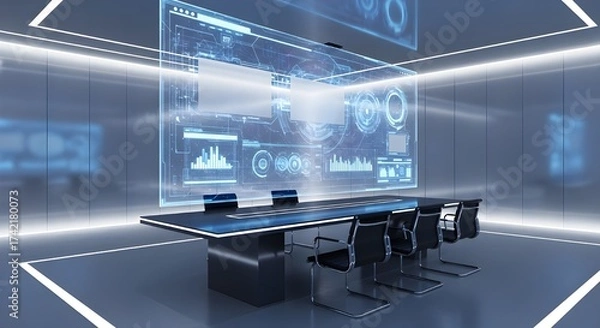 Fototapeta Futuristic meeting room with a large holographic data display showing charts and graphs, featuring a modern conference table and chairs in a sleek, high-tech environment.