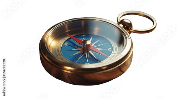 Fototapeta 3d icon of vintage brass compass with a blue face and red needle, isolated on transparent background