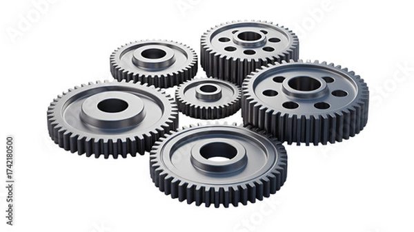 Obraz 3d icon of a collection of various sized metal gears isolated on transparent background