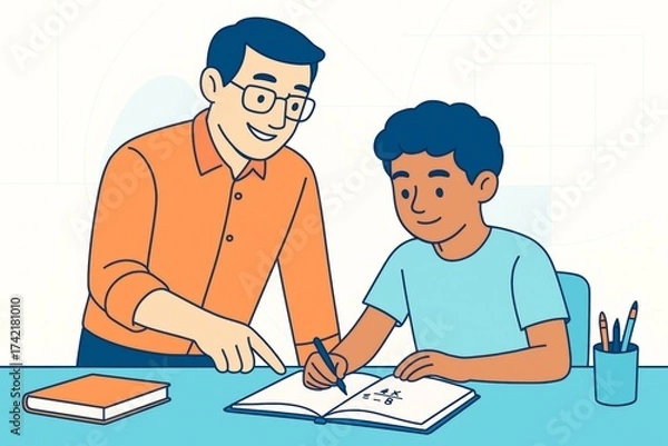 Fototapeta Teacher helping young student with math homework at desk in bright classroom setting, both smiling and engaged in learning activity together. Ai generative