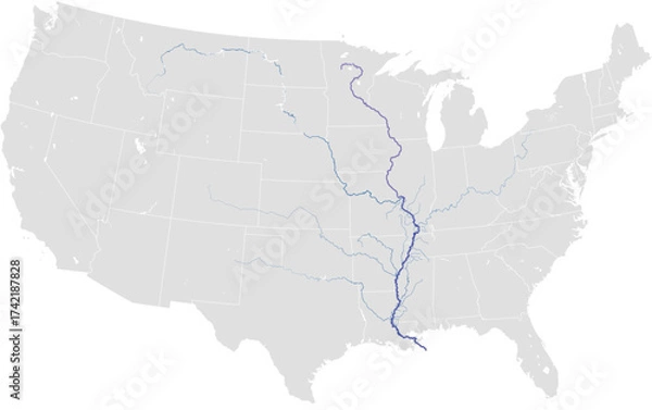 Fototapeta Mississippi river system – rivers vector map of United States highlighting main stem and primary tributaries (AEA, scaled by river size, PPT-compatible, multi-layered & fully editable)