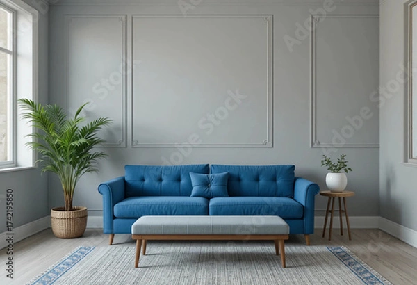 Fototapeta Grey room with blue couch, bench and side table. Front view. 3d rendering.