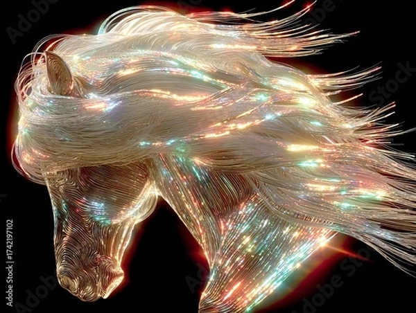 Fototapeta Majestic horse with glowing mane in a dazzling display of colors against a dark background