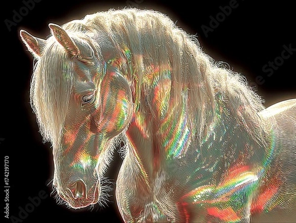 Fototapeta Majestic horse showcasing vibrant colors with a stunning rainbow effect in a dark background setting