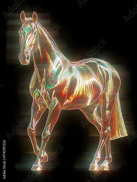 Fototapeta Majestic horse displaying colorful reflections in a vibrant, abstract style during a nighttime setting