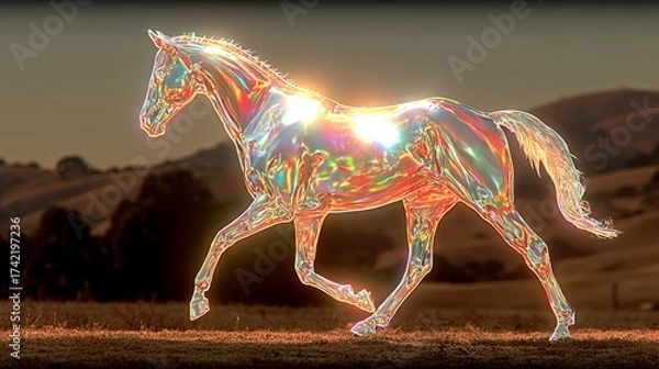 Fototapeta Horse running in a colorful, shimmering landscape during sunset in a serene countryside setting