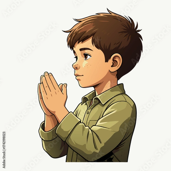 Fototapeta Young Boy in Prayer Pose with Red Overlay Side Profile.