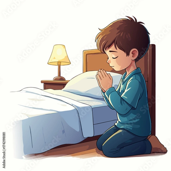 Fototapeta Young Boy Kneeling in Prayer with Hands Clasped Eyes Closed.