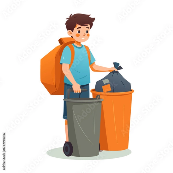 Fototapeta Young boy with large orange backpack collecting trash in bins.