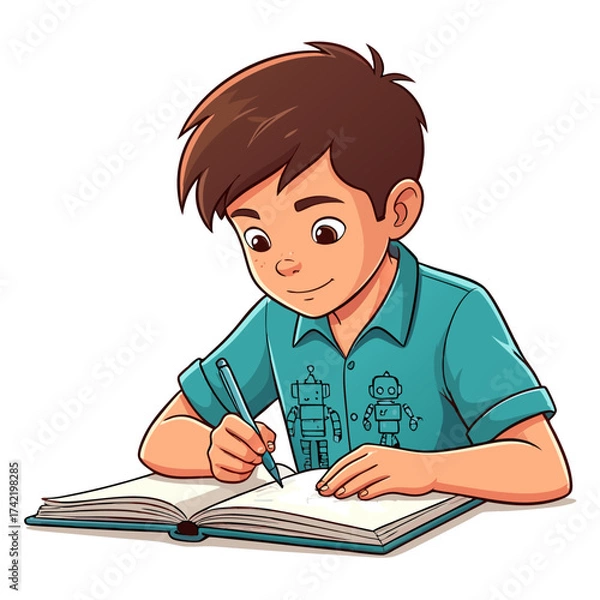 Fototapeta Young Boy Writing in Notebook Wearing RobotEmblazoned Shirt Smiling.
