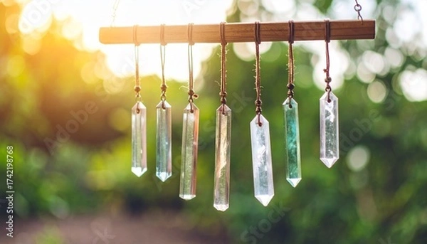 Fototapeta Sunlight refracts through colorful crystals on strings, creating a tranquil shimmer in leafy surroundings.