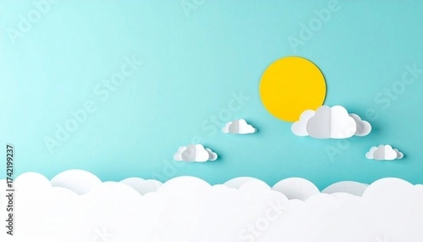 Fototapeta A cheerful sun peeks through clouds above layered blue waves in playful paper-cut style.