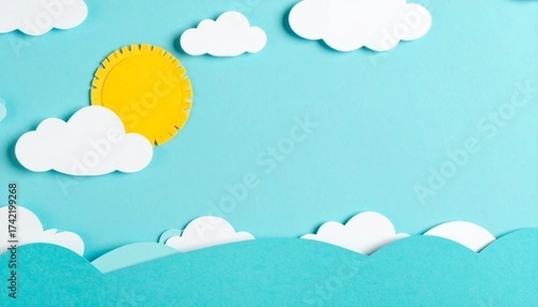 Fototapeta A cheerful sun peeks through clouds above layered blue waves in playful paper-cut style.