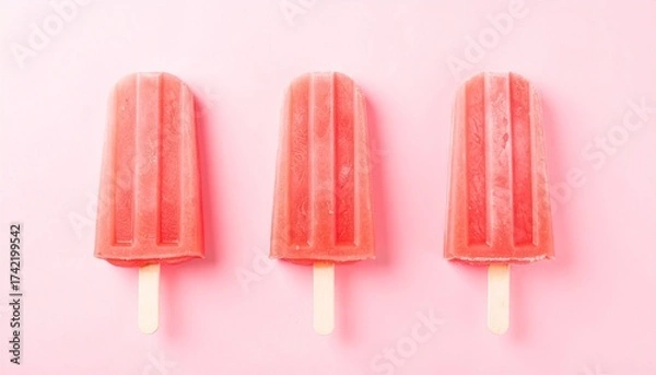 Fototapeta Three red popsicles align on soft pink, their grooves and sticks forming sweet symmetry.