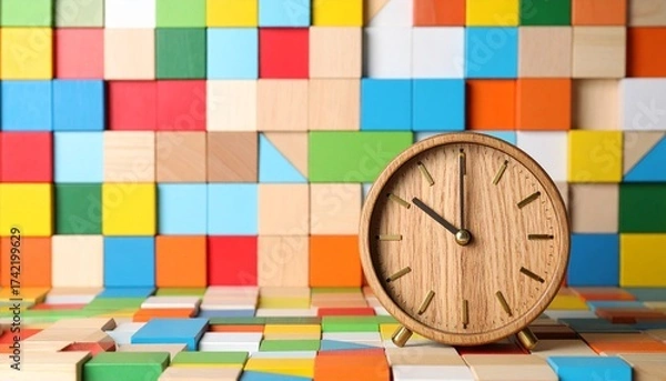 Fototapeta A wooden clock stands before a vivid grid of colorful blocks in geometric harmony.