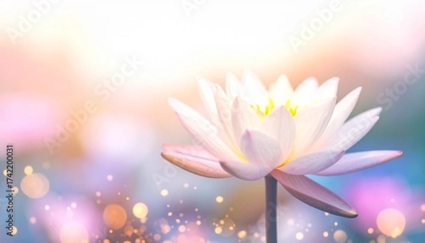 Fototapeta A glowing lotus radiates soft pink and blue hues, floating in pastel serenity.