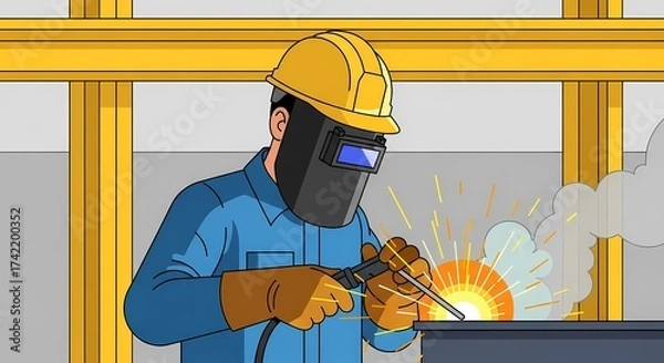 Fototapeta Illustration of a welder at work, wearing protective gear, welding metal with sparks and a focused expression on their face, industrial setting