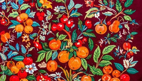Fototapeta Vibrant fruits and flowers entwine on dark textile, blooming with vintage botanical elegance.