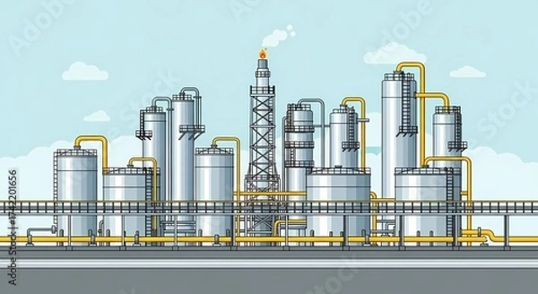 Obraz An industrial plant, designed in a clean style, stands prominently against a backdrop of the sky. Industrial complex is illustrated with precision and a focus on architectural details.