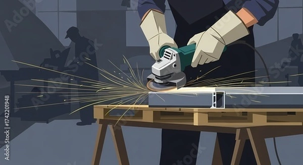 Fototapeta A craftsman's skilled hands guide a grinding tool, creating sparks as he works diligently on a metal workpiece in an industrial setting.