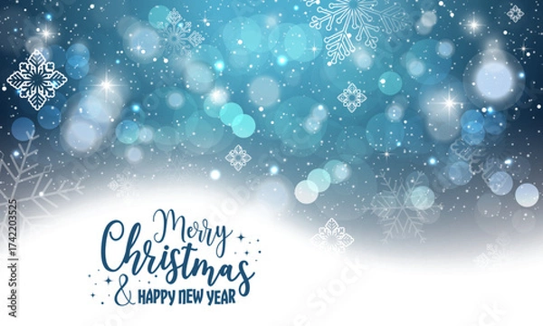 Fototapeta Christmas greeting card on abstract snow background. Happy New Year.