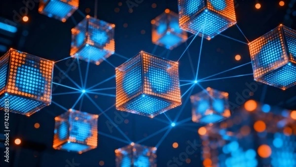 Fototapeta A network of interconnected glowing blue cubes with a digital, futuristic aesthetic, symbolizing advanced technology and data connectivity.